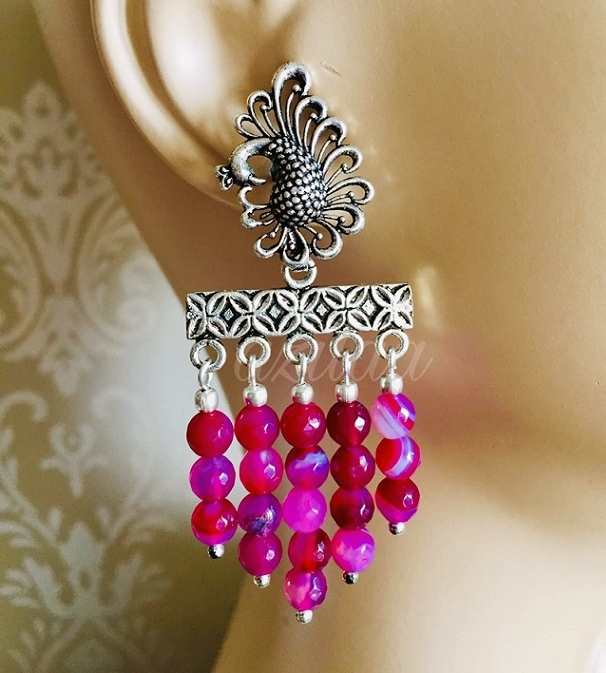 Antique silver peacock magenta pink gemstone handmade earrings