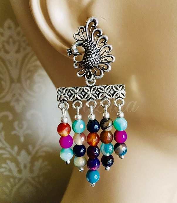 Antique silver peacock multi gemstone handmade earrings