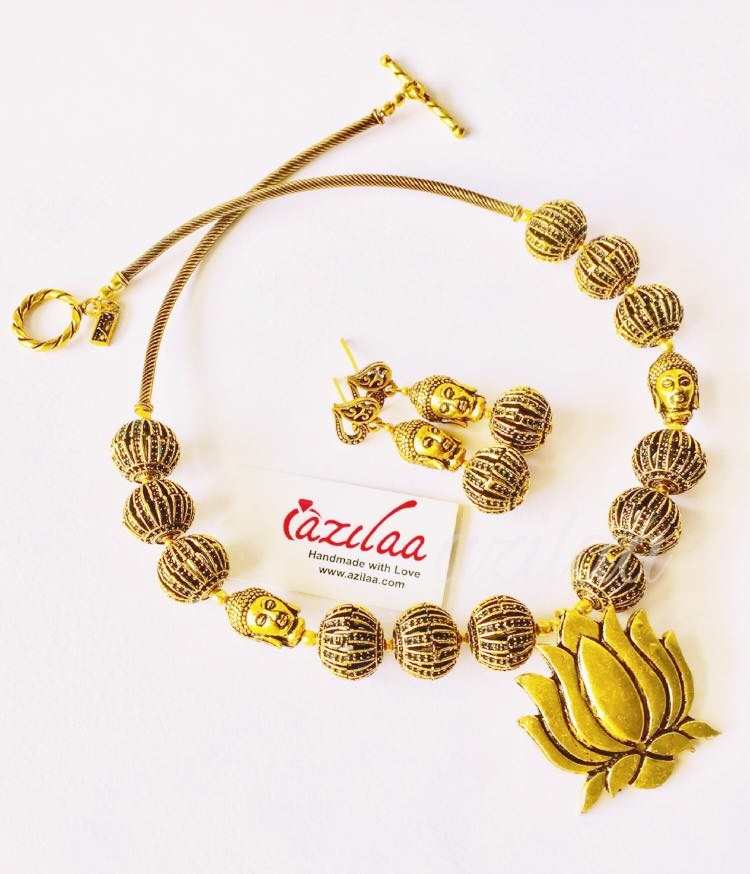 Antique style Buddha lotus designer handmade necklace earring set
