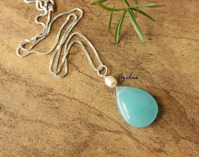 Aqua Blue Chalcedony Sterling Silver Gemstone pearl Pendant