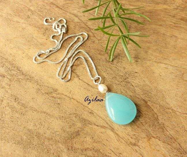 Aqua Blue Chalcedony Sterling Silver Gemstone pearl Pendant