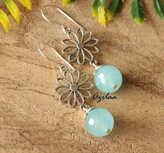 Aqua Blue Designer flower charm gemstone earrings