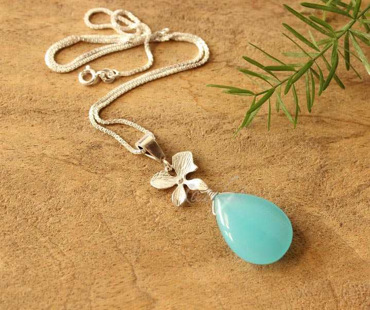 Aqua Blue Orchid flower designer pendant silver chain
