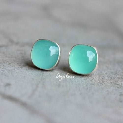 Aqua Chalcedony stud gemstone sterling silver handmade earrings