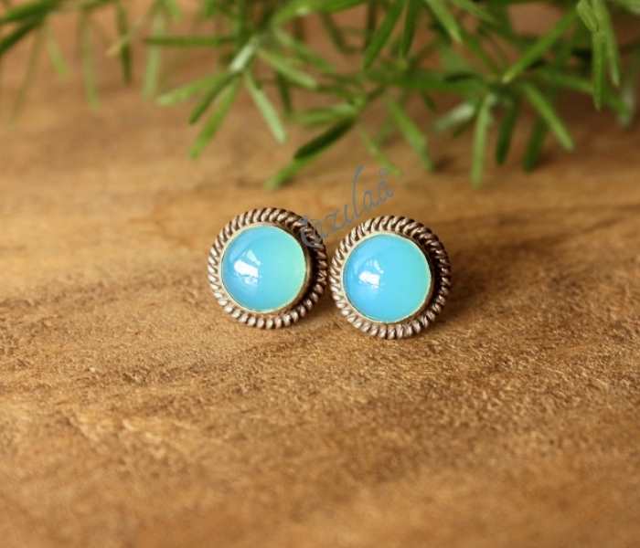 Aqua Chalcedony stud gemstone sterling silver handmade earrings