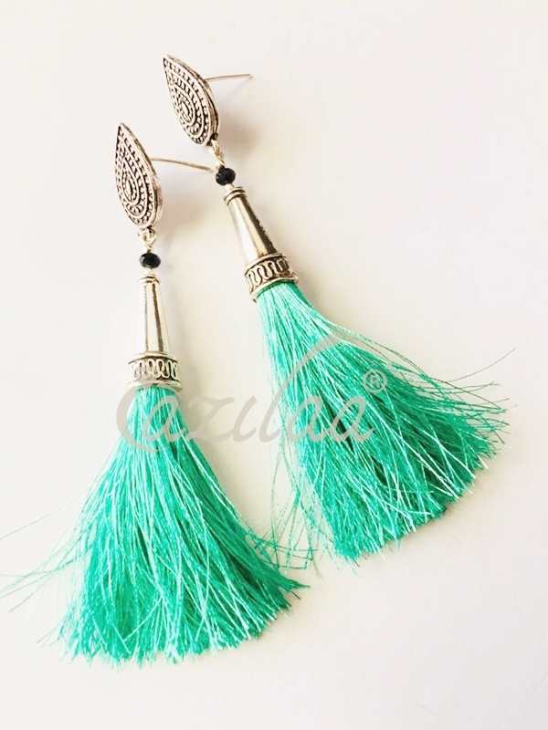 Aqua Pastel green silk tassel handmade post earrings