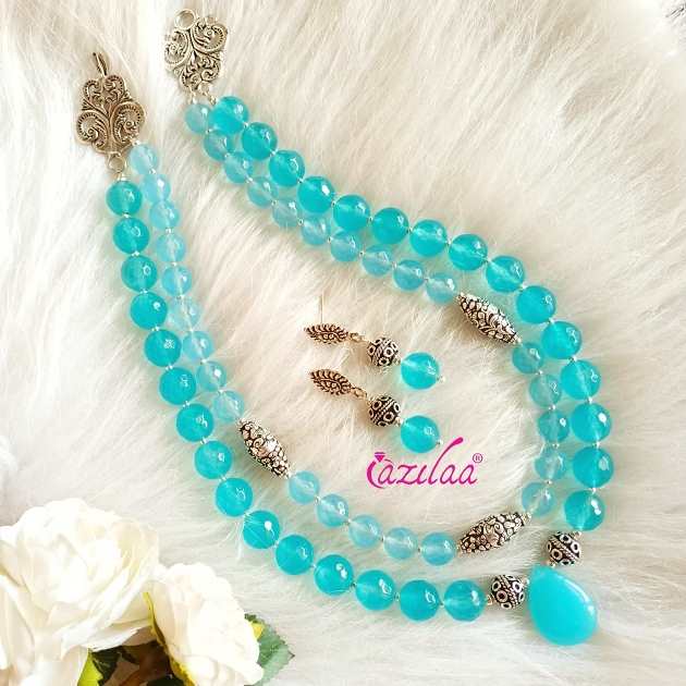 Aqua blue beaded Layered gemstone necklace earrings
