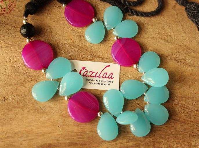 Aqua blue pink modern trendy gemstone beaded necklace 