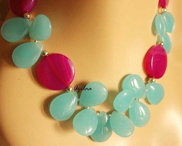 Aqua blue pink modern trendy gemstone beaded necklace 
