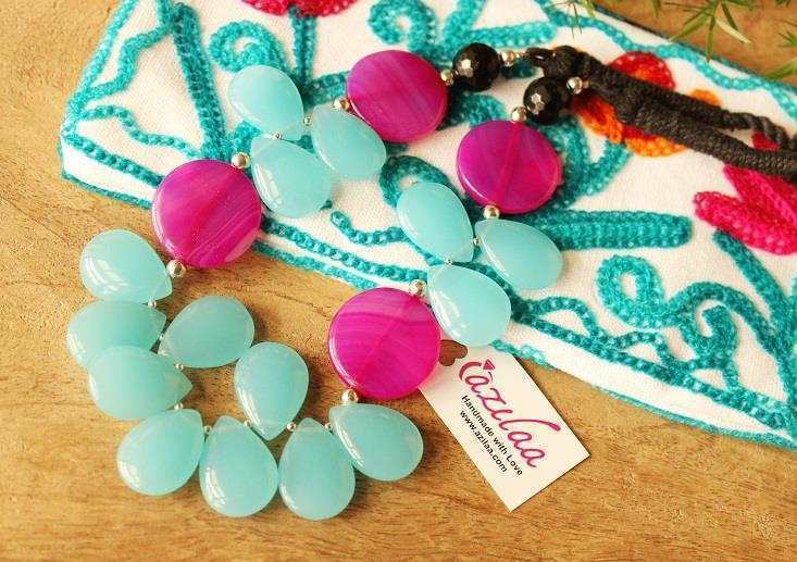 Aqua blue pink modern trendy gemstone beaded necklace 