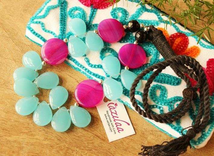 Aqua blue pink modern trendy gemstone beaded necklace 