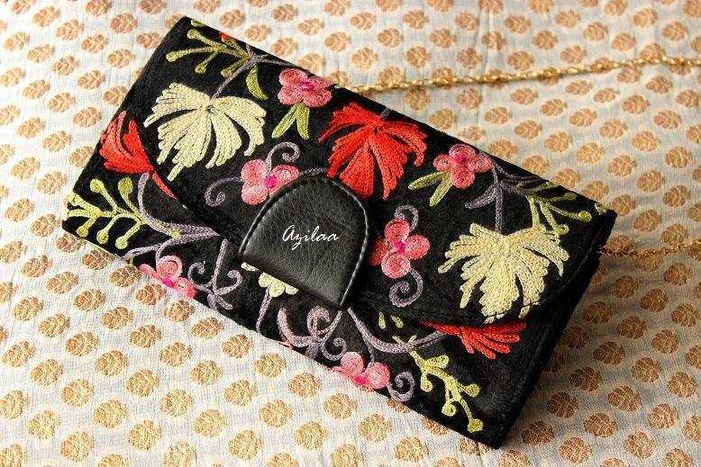 Artisan Black Handmade velvet embriodery Clutch Purse
