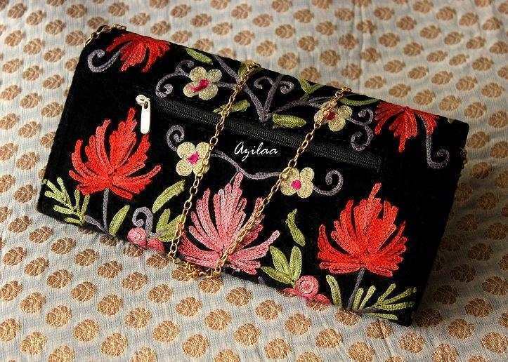 Artisan Black Handmade velvet embriodery Clutch Purse