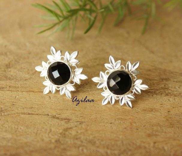 Artisan Black onyx  gemstone silver post earrings