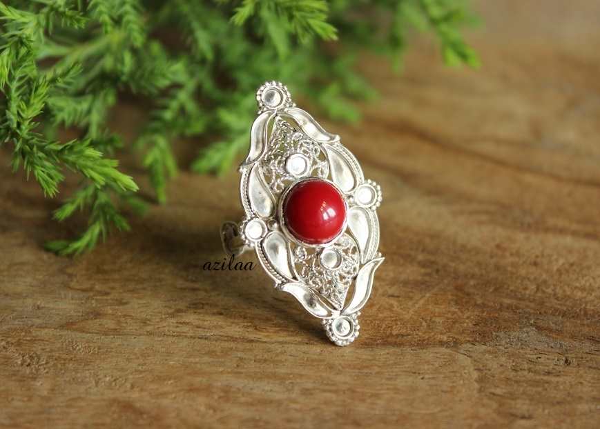Artisan Red coral Silver handcrafted gemstone adjustable ring