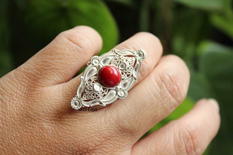 Artisan Red coral Silver handcrafted gemstone adjustable ring