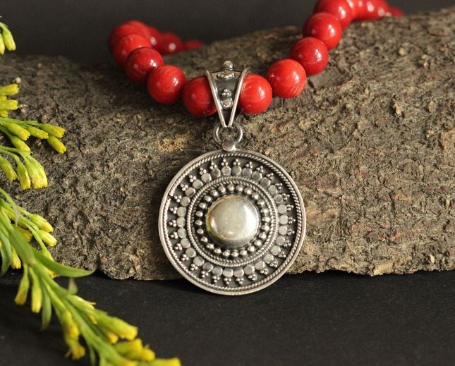Artisan Red coral  ethnic gemstone necklace 