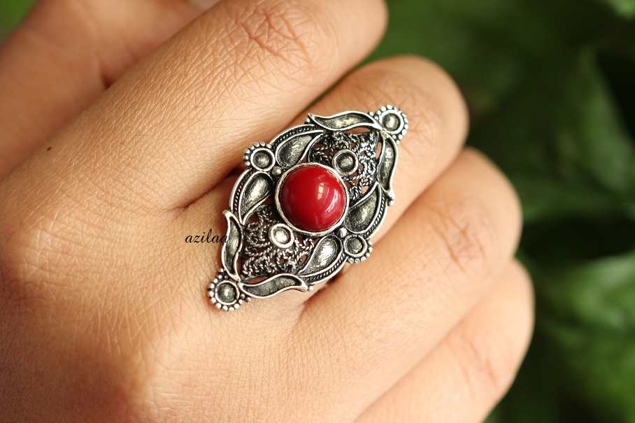 Artisan handcrafted Red coral Sterling silver gemstone ring