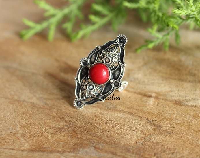 Artisan handcrafted Red coral Sterling silver gemstone ring