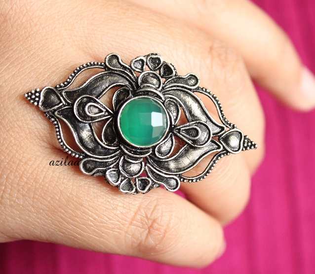 Artisan handcrafted green onyx Sterling silver gemstone ring