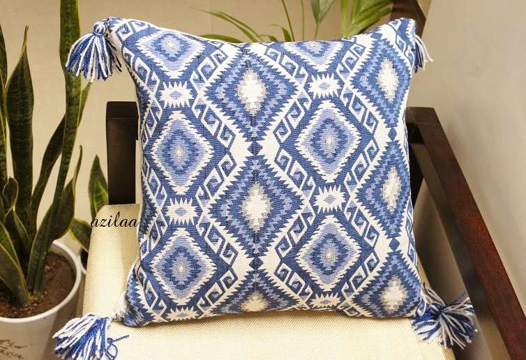 Aztec style Blue white geometric handloom handmade cushion cover