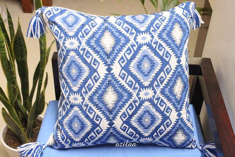 Aztec style Blue white geometric handloom handmade cushion cover