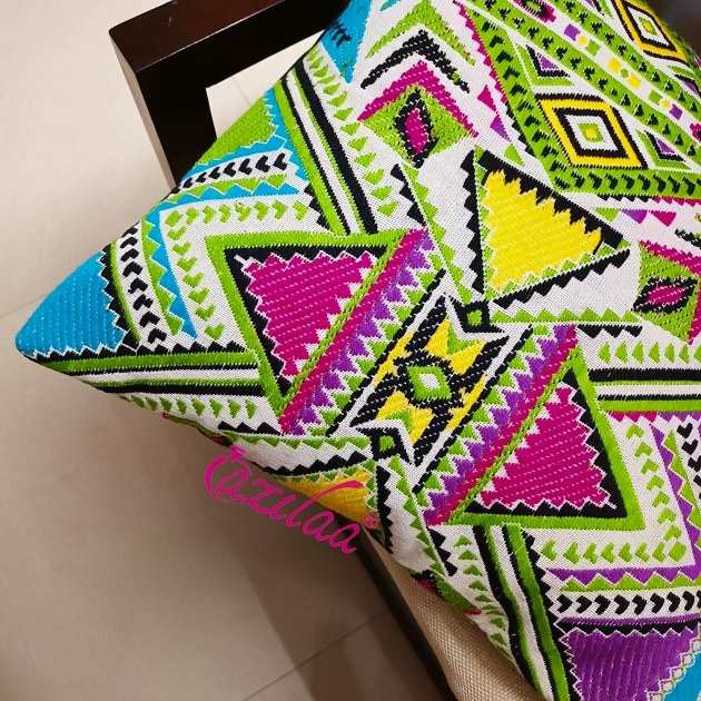 Aztec style bright green handloom handmade cushion cover 1