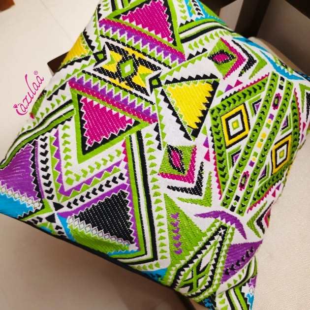 Aztec style bright green handloom handmade cushion cover 1