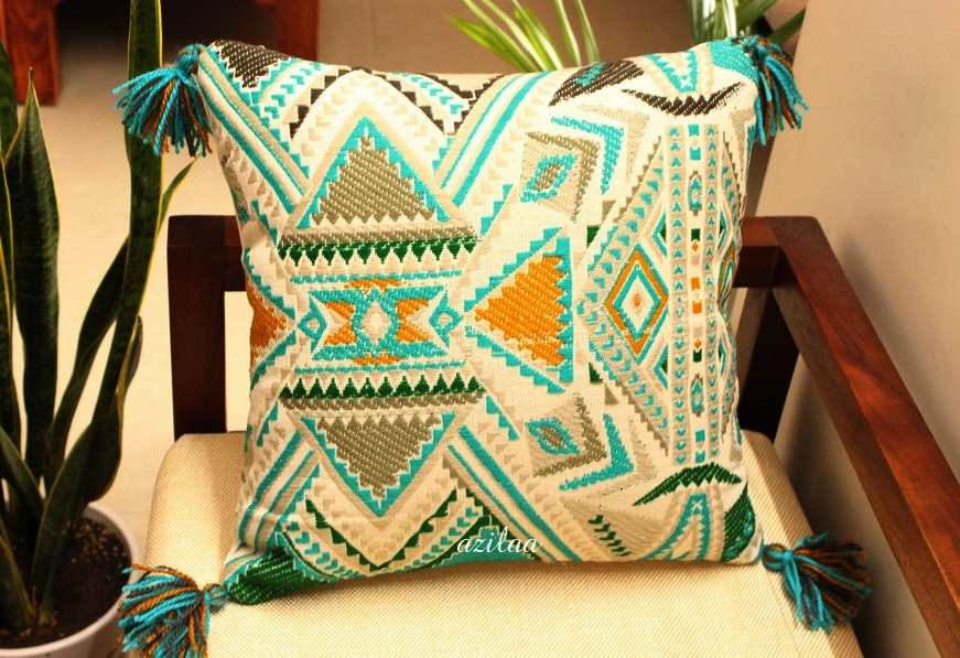 Aztec style blue handloom handmade cushion cover 1