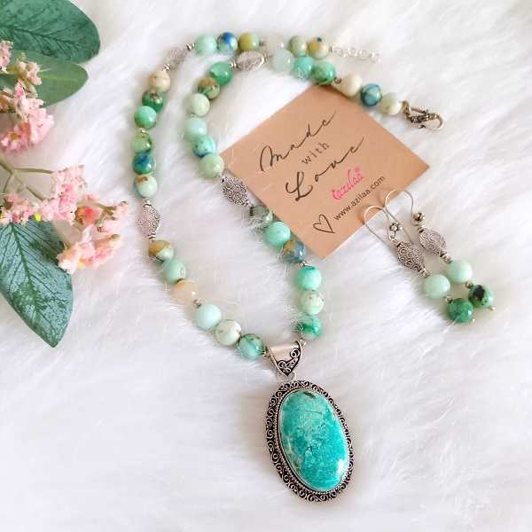 Azurite amazonite gemstone pendant necklace set