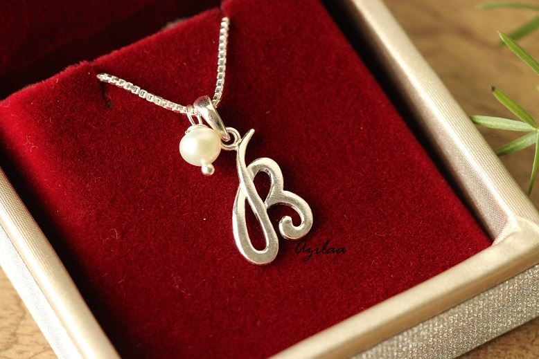 B intial Sterling silver pearl charm alphabet Pendant