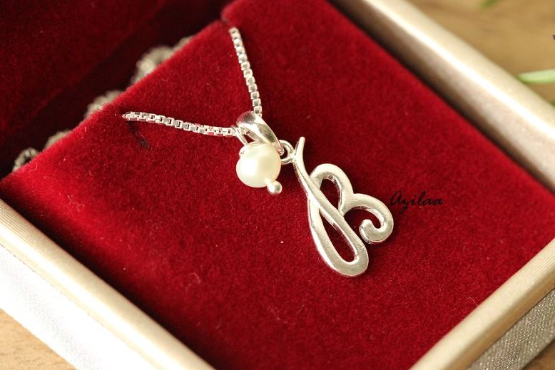 B intial Sterling silver pearl charm alphabet Pendant
