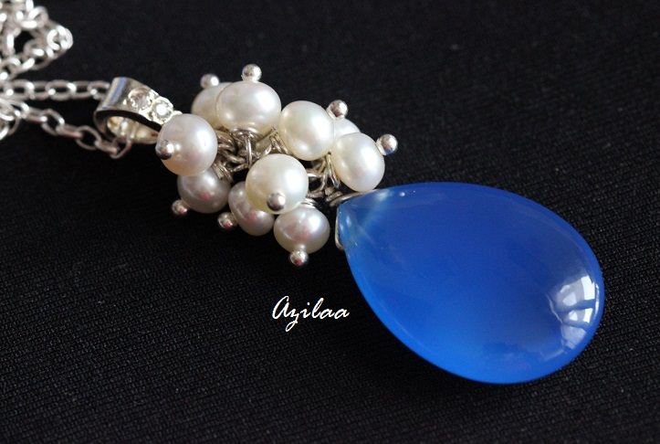 BLUE Chalcedony Sterling Silver Gemstone pearl Pendant