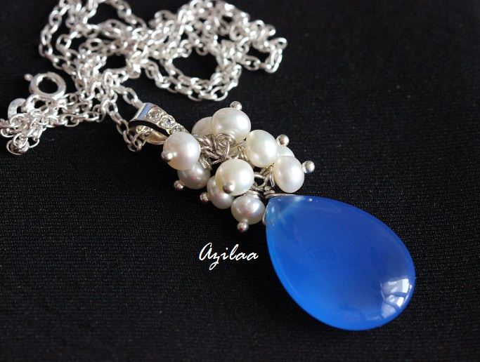 BLUE Chalcedony Sterling Silver Gemstone pearl Pendant
