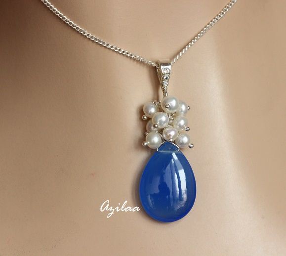 BLUE Chalcedony Sterling Silver Gemstone pearl Pendant