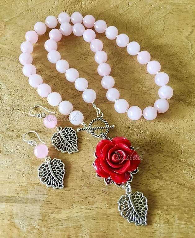 Baby pink Red rose pendant designer silver chain necklace set