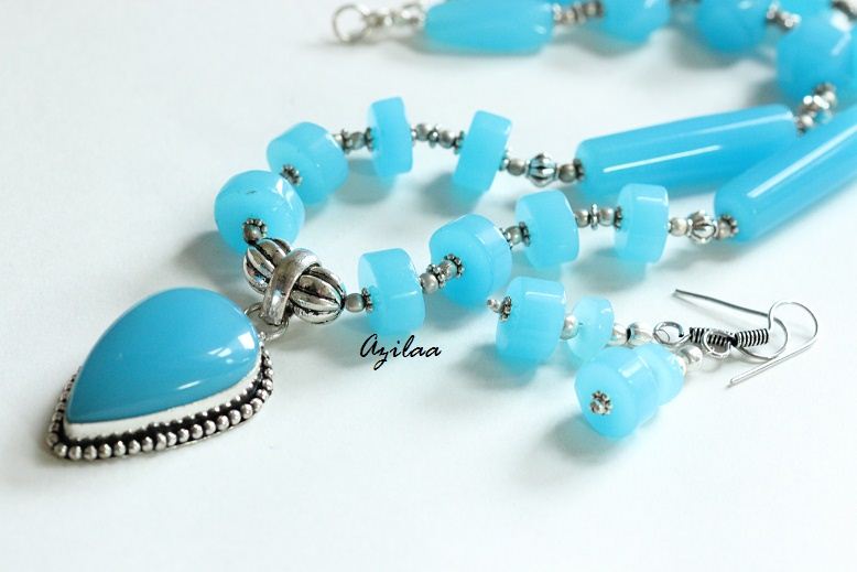 Beaded blue quartz handmade necklace earring set