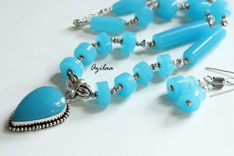 Beaded blue quartz handmade necklace earring set