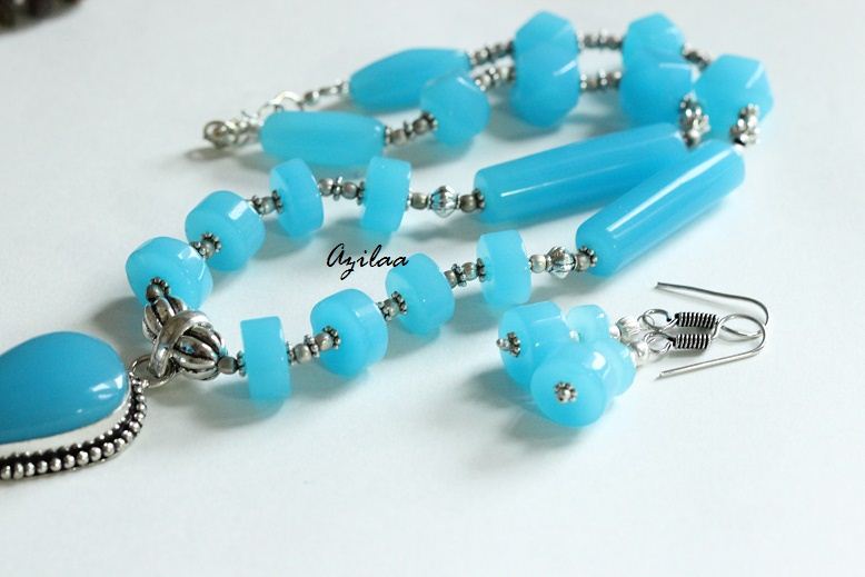 Beaded blue quartz handmade necklace earring set