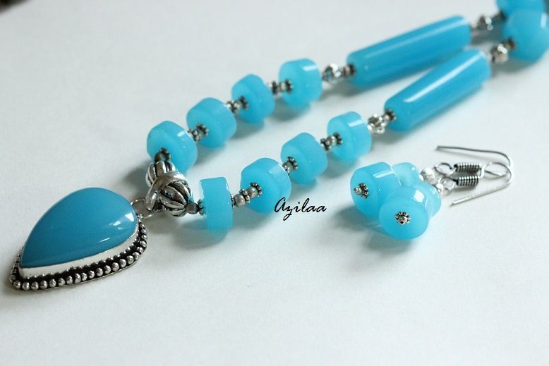 Beaded blue quartz handmade necklace earring set