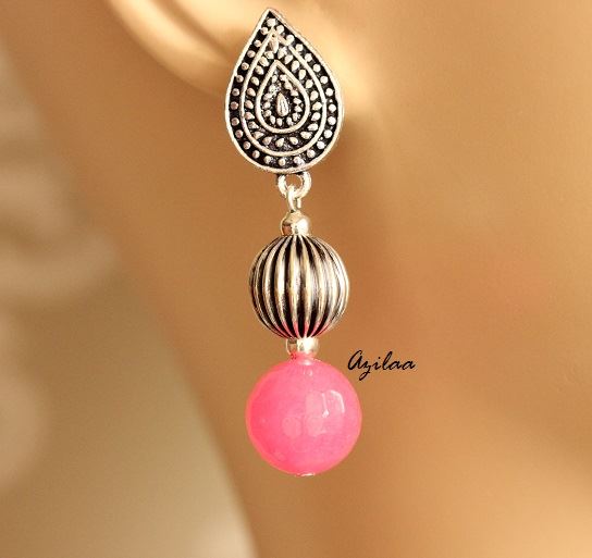 Pink Beaded gemstone silver post earrings