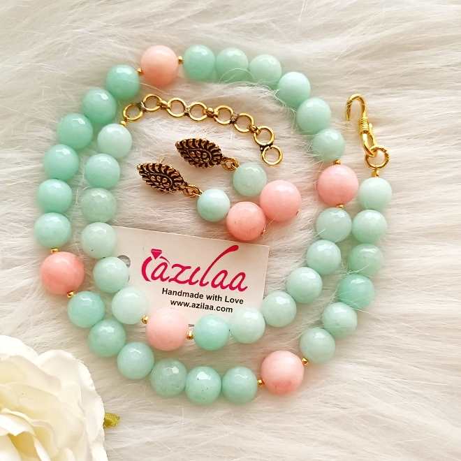 Beaded pastel blue pink gemstone beaded necklace set