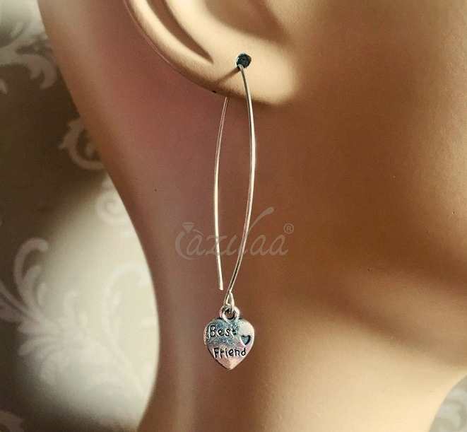 Best friends heart charm silver Long dangler earrings