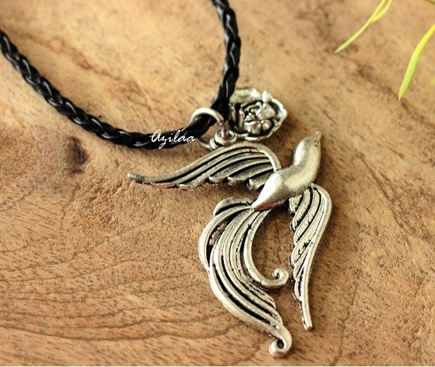 Bird  flower silver charm pendant with cord necklace 