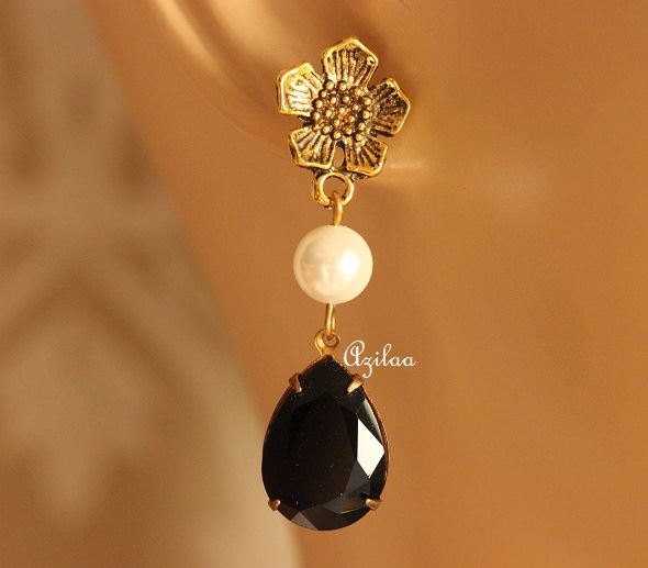 Black Antique Gold tone crystal glass handmade earrings