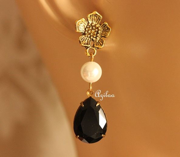 Black Antique Gold tone crystal glass handmade earrings