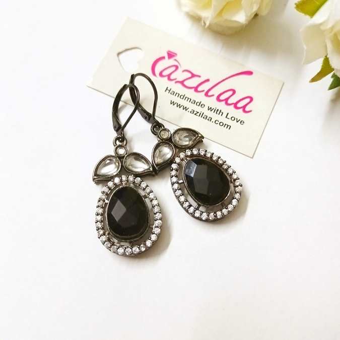 Black CZ studded dangler drop earrings