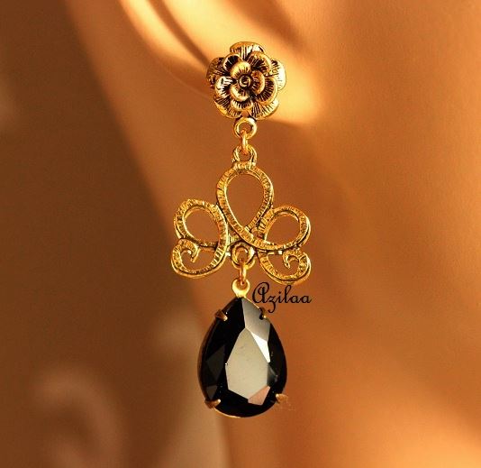 Black Dangler flower crystal glass handmade earrings
