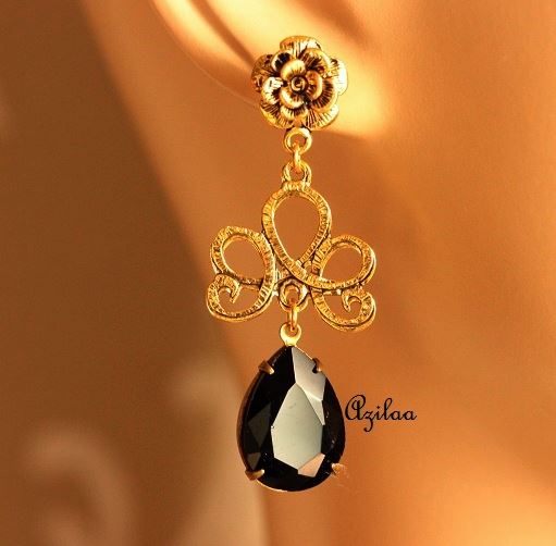 Black Dangler flower crystal glass handmade earrings