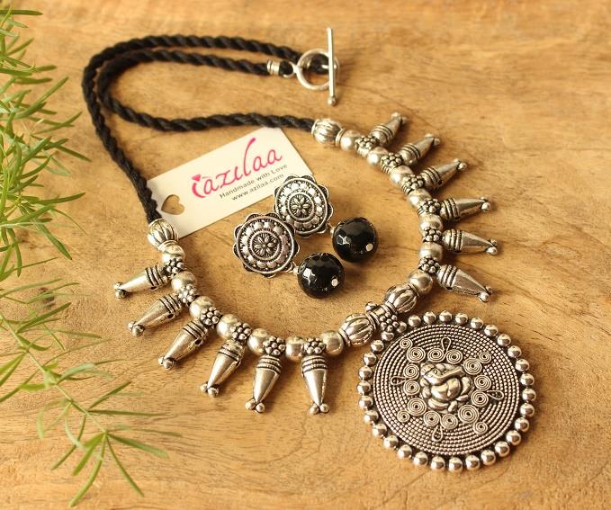 Black Onyx Ganesha gemstone artisan handmade necklace set